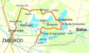 Mapa tras rowerowych w Dolinie Baryczy. Pomarańczowa linia łączy miejscowości: Czarny Las, Gatka, Wilkowo, Olsza, Grabówka, Ruda Sułowska, Sułów, Ruda Żmigrodzka, Jamnik, Osiek, Żmigródek, Radziądz, Nowe Domy.