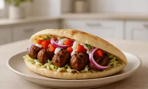 Pyszny kebab w picie z soczystymi klopsikami, chrupiącą sałatą, pomidorami i czerwoną cebulą, polany sosem.