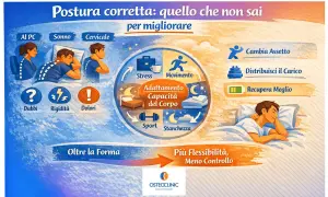 Illustrazione mostra posizioni da evitare per la cervicale: al PC, durante il sonno e in piedi. Suggerimenti per migliorare la postura.