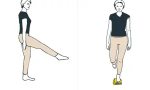 Frau trainiert Beinmuskulatur, um knirschen im Knie weg zu trainieren. Übung zur Stärkung der Beinmuskulatur.