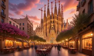 En magisk kväll i Barcelona december. Sagrada Familia lyser upp en livlig gata med uteserveringar och rosa träd.