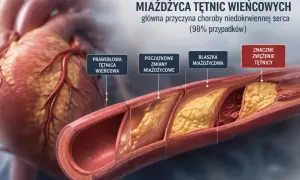 Przedstawienie miażdżycy tętnic wieńcowych, pokazujące postęp choroby od zdrowej tętnicy do znaczącego zwężenia.