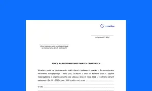 Wzór zgody na przetwarzanie danych osobowych RODO. Dokument zawiera pole na imię, nazwisko, miejscowość i datę.