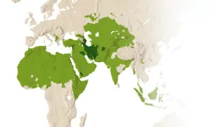 Karta som visar spridningen av islam. Kanske 10 skillnader mellan shia och sunni kan förklaras med dessa områden.