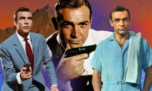 Sean Connery in drei Posen im James Bond Stil: im Anzug mit Waffe, im Bademantel und im Nahaufnahme mit Waffe.