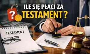 Ile kosztuje spisanie testamentu u notariusza? Na zdjęciu notariusz pieczętuje dokument, obok leżą okulary i notatnik z napisem "TESTAMENT".