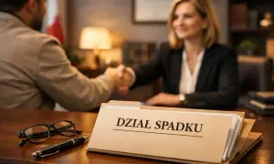 Uścisk dłoni po sfinalizowaniu formalności związanych z działem spadku. Na biurku leżą okulary i długopis.