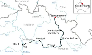 Karte des Elberadwegs in Tschechien, von Prag über Hradec Králové nach Spindlermühle.