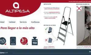 Escalera doméstica Altipesa con peldaños de tamaño adecuado para seguridad. Incluye información sobre colocación, estado de piezas y posturas correctas.