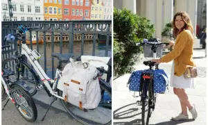 Dwie pary rowerów z sakwami: jedna z białym, wzorzystym bagażem, druga z niebieskimi w białe kropki. Idealne sakwy rowerowe na wycieczkę!