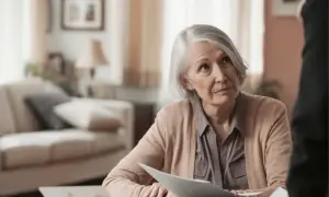 Une femme âgée, visiblement préoccupée, tient des documents. Elle pourrait être en train de discuter d'une plainte pour abus de faiblesse sur personne vulnérable.