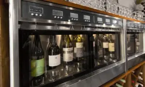 Nowoczesny dystrybutor wina, idealny do tego, jak przechowywać wino, prezentuje butelki w chłodnym, kontrolowanym środowisku.