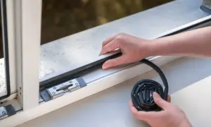 Hände legen eine schwarze Dichtung an ein weißes Fenster, um es abzudichten.