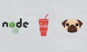 Un pug regarde du code Pug.js, une boisson "Gulp" et le logo Node.js.