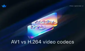 Porównanie kodeków do filmów: AV1 vs H.264. Trójwymiarowe litery AV1 i H.264 na błyszczących, kolorowych platformach.
