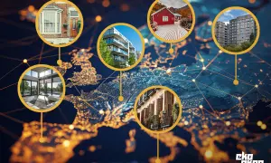 Różnorodne budynki na tle mapy Europy, ilustrujące izolacyjność akustyczną okien w różnych stylach architektonicznych.
