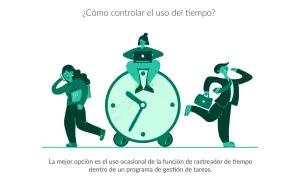 Personas ocupadas alrededor de un reloj gigante. Una mujer habla por teléfono, otra trabaja en laptop sentada en el reloj, y un hombre corre con maletín. Clave para como mejorar la productividad de una empresa.