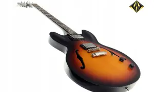 Gitara elektryczna z korpusem typu **semi hollow body** w kolorze sunburst. Ma czarne wykończenie na bokach i gryfie.