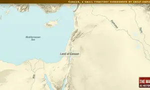 Mapa starożytnego Bliskiego Wschodu z zaznaczonym Kanaanem, Morzem Śródziemnym, Nilem, Eufratem i Tygrysem.