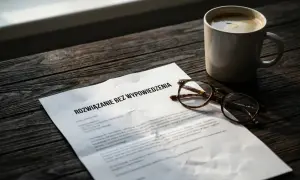 Dokument "Rozwiązanie bez wypowiedzenia" leży obok okularów i kawy. To może być zwolnienie dyscyplinarne.