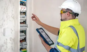 Elektryk w kamizelce odblaskowej sprawdza instalację w skrzynce z bezpiecznikami, analizując dane na tablecie. Szukasz informacji o wymiana skrzynki z bezpiecznikami cena?