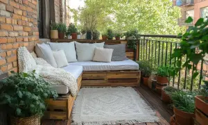 Przytulny balkon z sofą z palet i mnóstwem roślin. Idealne miejsce, by odpocząć i zastanowić się, czym osłonić balkon.