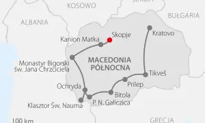 Mapa Północnej Macedonii z zaznaczonymi atrakcjami: Skopje, Kanion Matka, Ochryda, klasztory i parki narodowe. Idealna na **macedonia wakacje**.