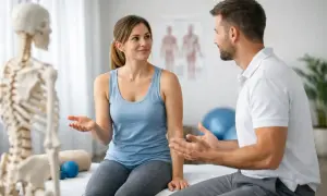 Frau spricht mit Physiotherapeut über ihre Beschwerden. Ein Skelettmodell steht im Hintergrund.
