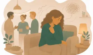 En kvinna känner sig ensam och orolig trots att andra umgås. En illustration som kan användas för ett social ångest test.