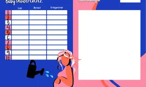 Baby Shower QUIZ-formulär med plats för låt, artist och svar. En illustration av en gravid kvinna och en vattenkanna. Perfekt för lekar på babyshower.