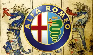 Alfa Romeo logo na tle średniowiecznych herbów z smokami. Symbolizuje połączenie historii i motoryzacji.