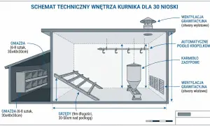 Schemat kurnika dla 30 kur niosek: gniazda, grzędy, karmidło, poidełko i wentylacja. Podstawy jak hodować kury nioski.