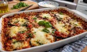 Aubergine, tomate et mozzarella au four, un plat gratiné et savoureux. Parfait pour une recette d'aubergine tomate mozzarella au four.