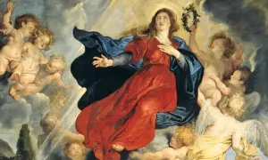 Wniebowzięcie NMP. Maryja w czerwonej szacie i niebieskim płaszczu unosi się w niebo, otoczona przez aniołki i cherubiny.