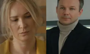 Kobieta zamyślona, obok mężczyzna w golfie i marynarce. Czy to siostra Bruna i jej brat?