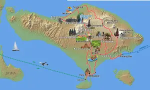 Mapa Bali z zaznaczoną trasą 16-dniowej wycieczki "Wyspa bogów i kwiatów". Zobacz miejsca takie jak Ubud, Kuta, Lovina i wulkany. Idealna dla Twojego bali bloga.