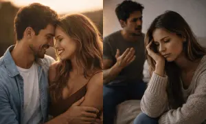 Coppia felice e poi litigio. Lei, una persona insicura in amore, soffre mentre lui parla.