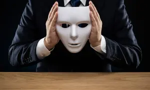 Man in pak houdt wit masker voor gezicht, symboliseert psychopaat kenmerken zoals bedrog en gebrek aan empathie.