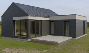 Nowoczesny dom z płyty warstwowej o ciemnoszarej elewacji, z dużymi przeszkleniami i betonowym tarasem.