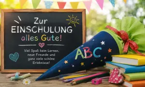 Schultüte mit ABC, Tafel mit "Zur Einschulung alles Gute!" und bunte Stifte. Perfekt für die Frage: was schreibt man zur einschulung.