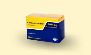 Opakowanie leku Clindamycin-MIP 600 mg, zawierające 32 tabletki powlekane.