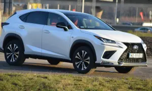 Biały Lexus NX 300 z czerwonym wnętrzem zaparkowany na tle krajobrazu.