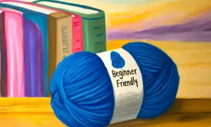 Niebieska, **lana materiał po polsku** "Beginner Friendly" obok kolorowych książek.