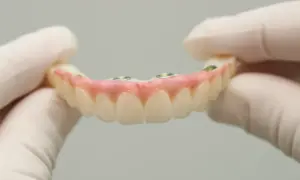 Proteza elastyczna na NFZ, z widocznymi implantami, prezentowana przez ręce w rękawiczkach.