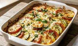 Un plat de gratin de courgettes tomates, doré et gratiné, garni de basilic frais. Un délice estival prêt à être dégusté.