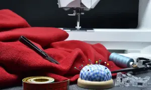 Czerwony materiał, maszyna do szycia, szpilki, nici i miarka – wszystko, co można uszyć, czeka na kreatywne pomysły.