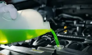 Ręka w białej rękawiczce wlewa jaskrawozielony płyn chłodniczy do chłodnicy samochodu.