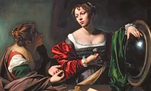 Maria Magdalena w obrazie Caravaggia, zamyślona, trzyma kwiat. Obok niej druga kobieta, symbolizująca pokusę.