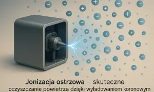 Urządzenie emituje wyładowania, które inicjują jonizację powietrza, tworząc jony dodatnie i ujemne.