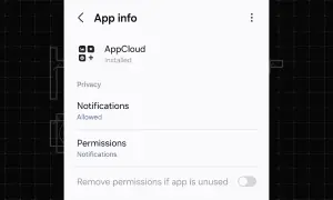 Informations sur l'application AppCloud sur Samsung. Notifications autorisées, permissions à gérer.